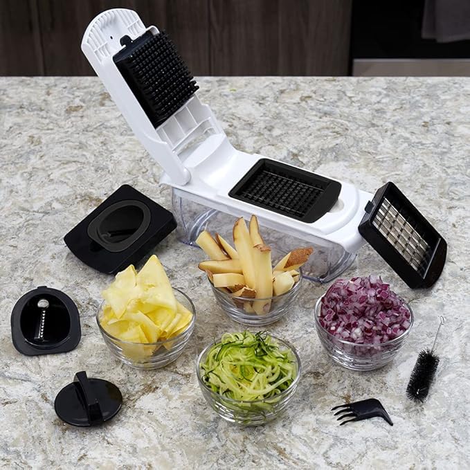 Home Basics Mandoline Slicer with Storage, White | 4 Blades for Grating, Cutting, Peeling and Julienne Slicing | Built In Chopping Lid | Easy to Wash | Makes Meal Prep Easy