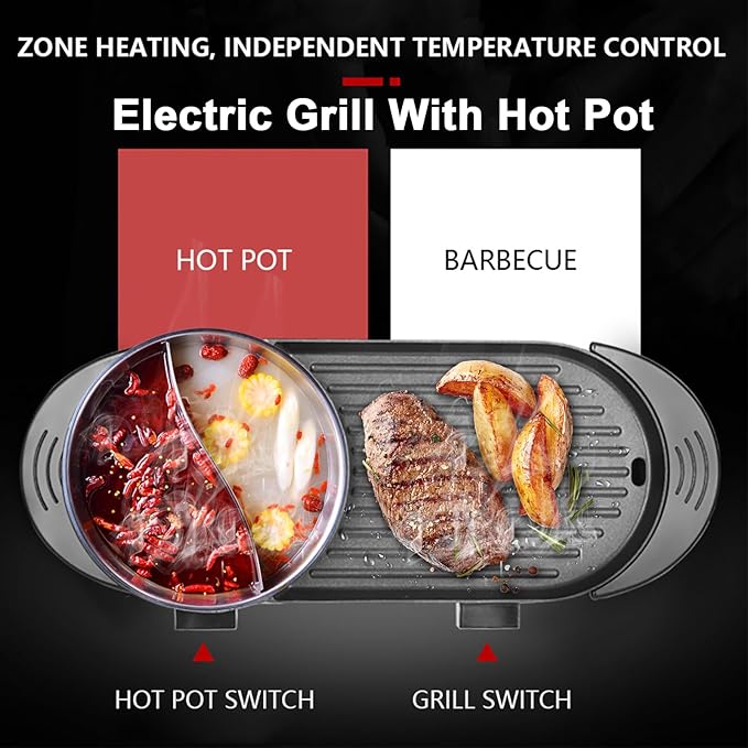 Electric Hot Pot with Grill 2 in 1 Shabu Shabu Hot Pot Korean BBQ Grill Removable Nonstick Smokeless Dual Temperature Durability Adjustable Thermostat