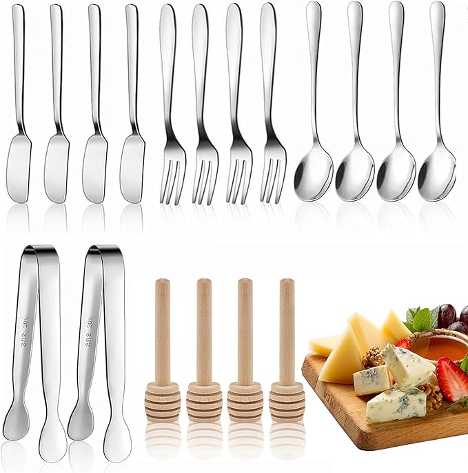 Charcuterie Board Accessories, 18 Pcs Silver Stainless Steel Spreader Knives Set Include Mini Serving Tongs, Cheese Butter Knives, Spoons, Forks, Honey Dippers