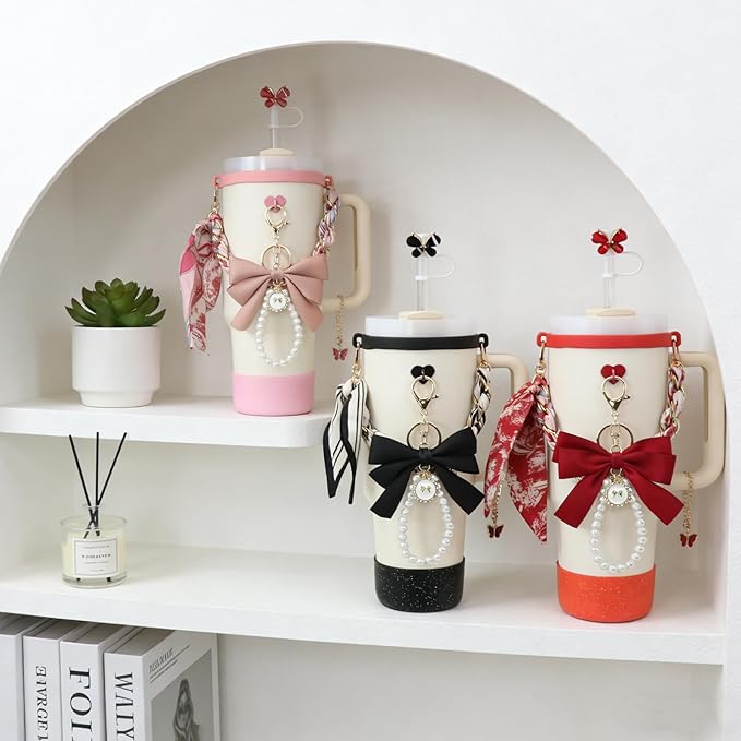 Stanley Cup Accessories Set for 40oz & 30oz Tumbler Including Water Bottle Handle Strap、Bow Keychain、Cup Ring、Bling Silicone Boots、Butterfly Straw Topper、Charm Accessories for Stanley Cup