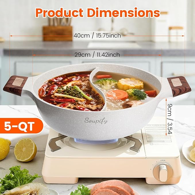 Soupify 5-QT Shabu Shabu Pot, Non-Stick Hot Pot with Divider, Dual Flavor Stockpot with Lid for Cooking, Perfect for Family and Friends Gathering