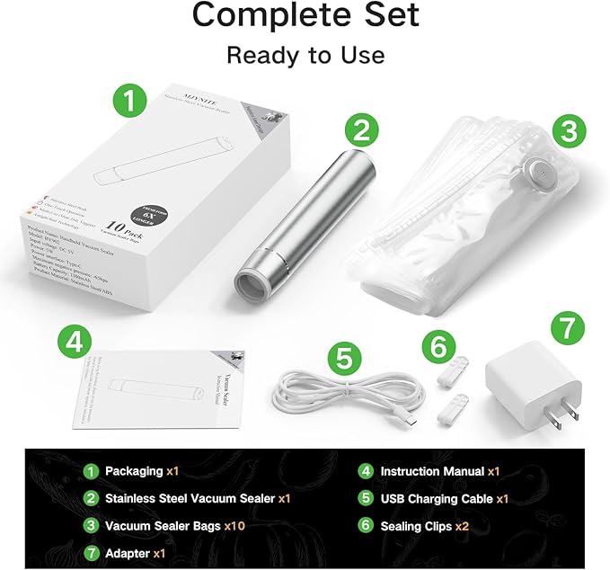 Vacuum Sealer for Food, Premium Stainless Steel Cordless Vacuum Sealer Machine with 10 Reusable Vacuum Bags, Compact Handheld Food Preservation System for Kitchen, Long-Lasting Freshness