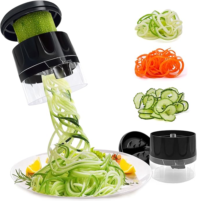 3-in-1 Vegetable Spiralizer Slicer, Adjustable Mandoline Spiral Cutter for Zucchini Noodles, Carrots, Cucumber (Black)