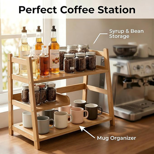 3 Tier Bamboo Matcha Station, coffee station organizer Shelf with Drawer for Kitchen Countertop, Tea Bar - Matcha Powder, Tools & Cup Organizer for Matcha Lovers, Home Baristas.