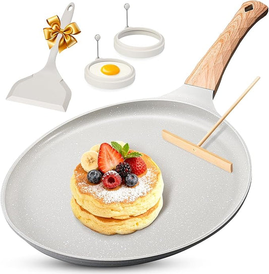 AOSION Crepe Pan Nonstick 11 Inch,Dosa Tawa Creamic,Tortilla pan For Pancake Steak Crepe Salmon,Flat Pan With Ergonmic Handle For All Stoves Top,Gray