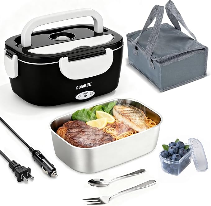 Electric Lunch Box Food Heater - 80W Fast Heating, 1.5L Heated Lunch Box Leak-Proof 304 Stainless Steel Portable Food Warmer, (12V/24V Car/Truck & 110V Home), Ideal for Work/Travel（Black-white）