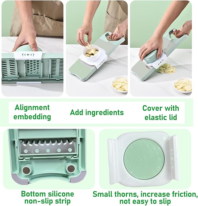 Vegetable Chopper, Mandoline Food Slicer Cutter with Handheld Container, 6 Blades and Blade Box, Cucumber Slicer, Magnetic Kitchen Tools for Veggie Potato Onion Carrot (Green(No magnet), 8 in 1)