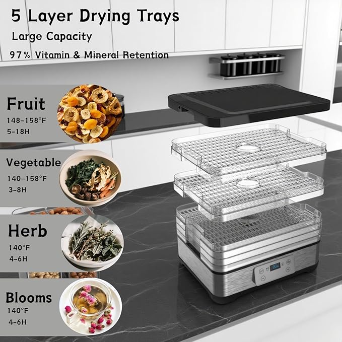 Food Dehydrator, Large 5 Trays Meat Dehydrator for Jerky, 300W Herb Dryer 24H Timer & Temp Control for Fruit Snacks Yogurt Dog Treats ETL Approved (Black 5 Trays)