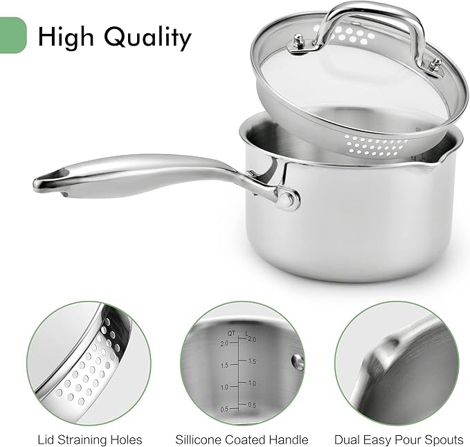 Fracoda 2.5 Quart Stainless Steel Pot Saucepan with Glass Strainer Lid, Sauce Pot with Two Side Spouts, Induction Cooking Pot, Multipurpose Sauce Pan with Lid for Cooking(Tri-Ply Full Body)