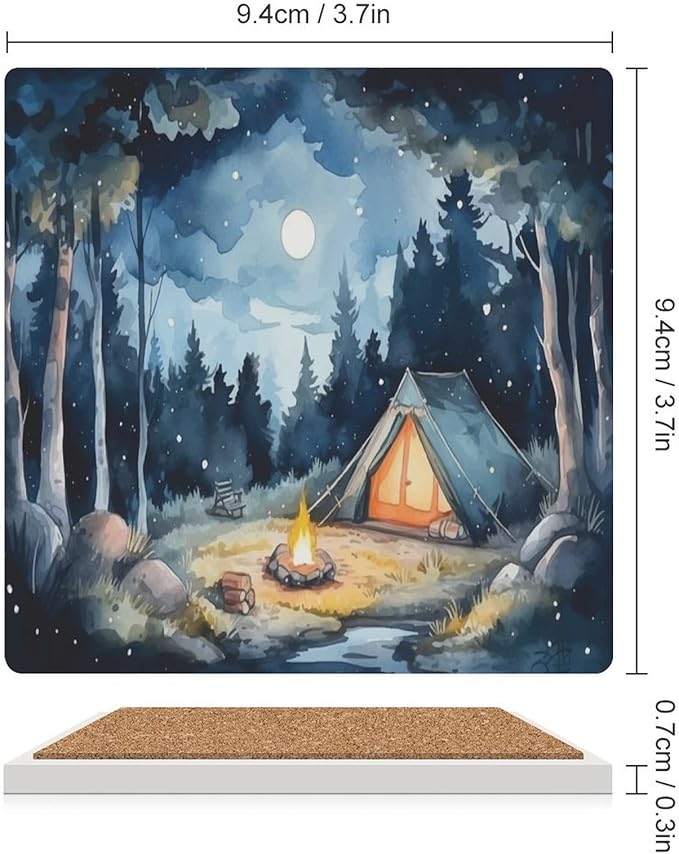 Square-4PCS Forest Ceramic Coasters, Square Absorbent Drink Coasters, Watercolor Mountain Forest Nature Tree Woodland Camping Ceramic Table Coasters for Coffee, Beverage, Wine, Beer Coasters