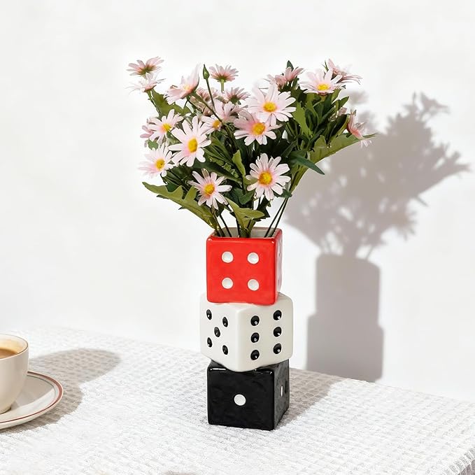 Triple Dice Vase - Unique Ceramic Small Vase with Wide Mouth | Modern Decorative Flower Vase for Living Room | Perfect for Fresh,Pampas Grass,Roses & Utensils | Ideal Gift for Art Enthusiasts