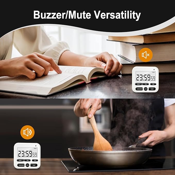 Multifunctional Kitchen Timer with Silent/Alert Mode, 24-Hour Clock, Memory Recall, Fast-Forward, and Magnetic Back for Cooking, Baking, Teaching(White)