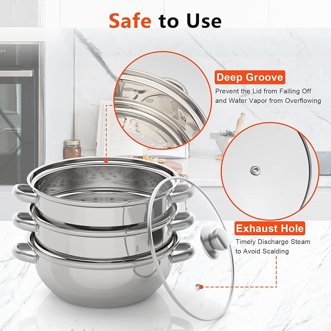 3 Tier Stainless Steel Steamer, 12.8in Multifunctional Steamer Pot Meat Vegetable Cooking Steam Pot Kitchen Steamers Cookware with Transparent Pots Lid for Vegetable Dumpling Stock Sauce