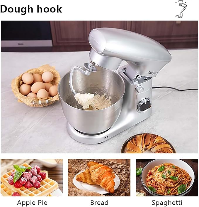 SeaSpark Stand Mixer, 3 in 1 Stand Mixer, 5.5Qt Electric Mixer, Mixer with Stainless Dough Hook, Wire Whip & Beater, Food Mixer for Baking, Cake and Most Home Cooks, Silver