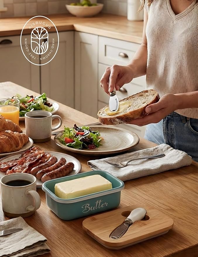 Butter Dish with Lid for Countertop, AISBUGUR Metal Butter Keeper with Stainless Steel Multipurpose Butter Knife, Large Butter Container with Double High-quality Silicone Good Kitchen Gift Green