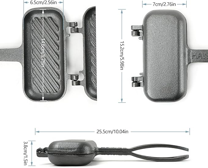 HAWOK Compact Cast Iron Grilled Sandwich Maker, 10"L x 5.9"W x 1.5"H, Double Sided Frying Pan, Breakfast Sandwich Maker, Hot Dog Toaster