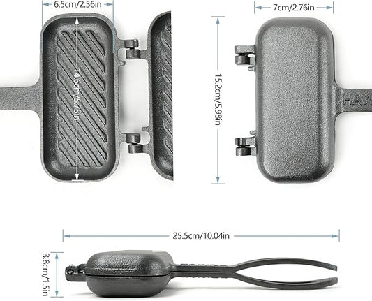 HAWOK Compact Cast Iron Grilled Sandwich Maker, 10"L x 5.9"W x 1.5"H, Double Sided Frying Pan, Breakfast Sandwich Maker, Hot Dog Toaster