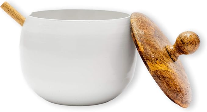 GoCraft Sugar Bowl with Wooden Lid and Spoon – Drum Shape, Shiny White Finish, Elegant Sugar Container for Coffee, Tea, Dining, Kitchen, Home Use, Stylish Sugar Dispenser for Table, Easy to Use