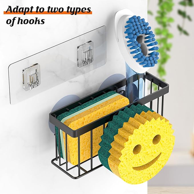 Sponge Holder Smiley Face, Caddy for kitchen Sink, Kitchen Organizer Sponge Holder with 2 PCS Suction Cups/1 PCS Adhesive Strips, Designed for Sponge, Soap, Dish brush, Scrubber-Black