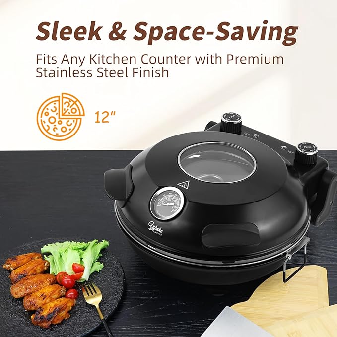 YIBAKE 12" Electric Pizza Oven - Countertop Pizza Maker with Ceramic Stone, Heats up to 800°F, Portable Indoor Pizza Oven for Homemade Pizzas, Black
