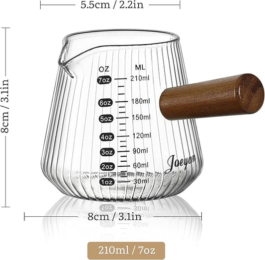 Joeyan 7 oz Espresso Cups, Glass Measuring Cup, Espresso Shot Glass with V-Shaped Mouth and Handle, Clear Origami Style Milk Frothing Pitcher, Espresso Machine Coffee Bar Accessories