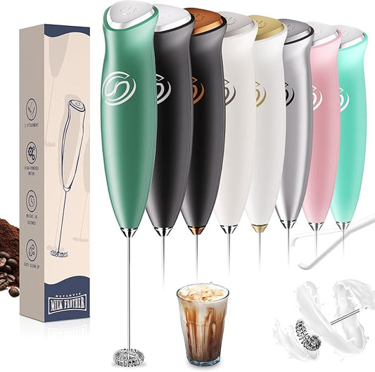 Milk Frother Handheld Frother Wand Drink Mixer Handheld Coffee Stirrers Electric Frother for Coffee Mixer Wand with 2 Whisk frother for protein powder coffee frother handheld-Green