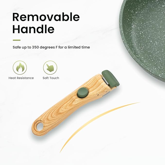 Kitchen Academy Removable Handle Pots and Pans Set - 10 Pieces Green Cookware Set with Removable Handle, RV Induction Cookware Set for Camp