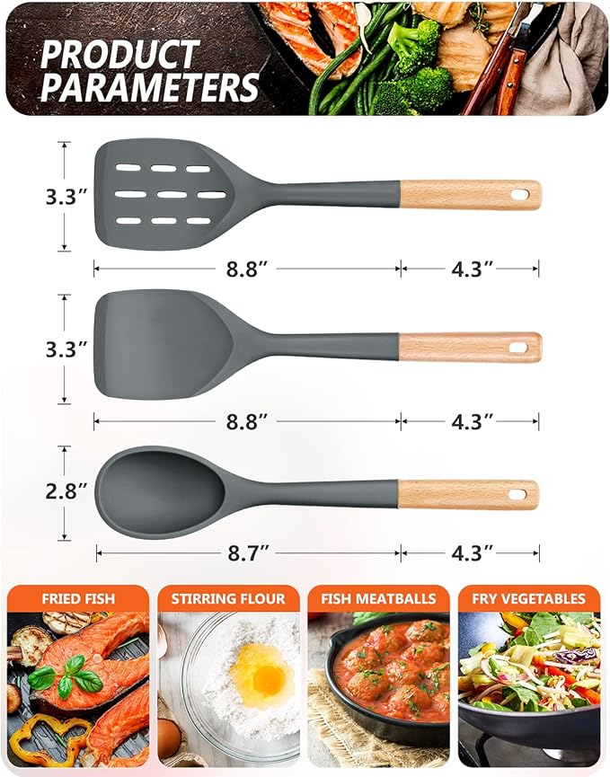 Pack of 3 Silicone Spatula, Non Stick Cooking Utensil Set, Wooden Handle Kitchen Turner for Baking Mixing Grilling Serving Food Heat Resistant, Grey