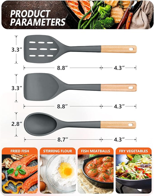Pack of 3 Silicone Spatula, Non Stick Cooking Utensil Set, Wooden Handle Kitchen Turner for Baking Mixing Grilling Serving Food Heat Resistant, Grey