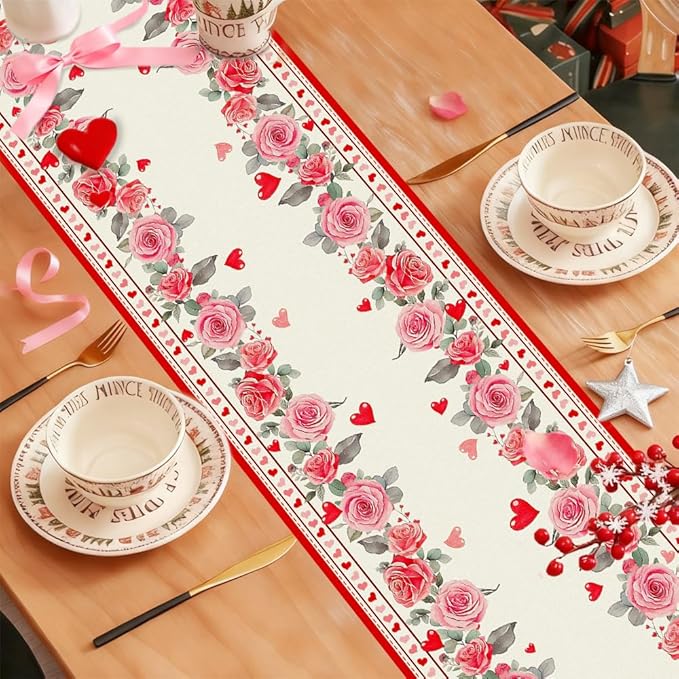 Valentine’s Day Rose Table Runner 13x72 Inch,Pink Red Love Heart Plant Spring Holiday Anniversary Table Decorations Farmhouse Kitchen Dinning Indoor Outdoor Home Party Decoration