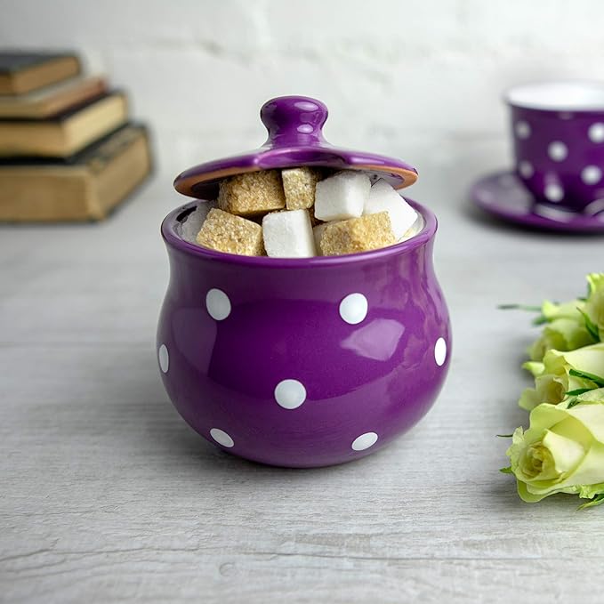 City to Cottage Ceramic Sugar Bowl with Lid, 10oz Sugar Contanier for Coffee Bar, Sugar Dispenser Bowl, Salt - Condiment Pot for Kitchen Counter, Handcrafted Purple Polka Dot Sugar Jar