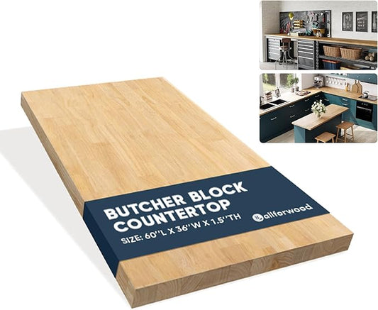 60''L x 36''W x 1.5''Th Hevea Natural Premium Solid Wood Butcher Block Countertop, Butcher Block Table Top for DIY Washer Dryer/Island/Kitchen Countertop (Finished)