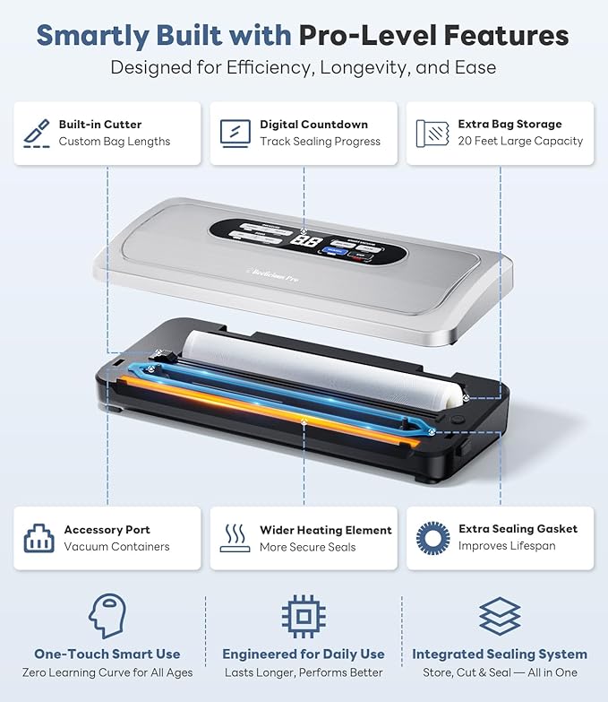 Vacuum Sealer Machine with AirLock ProSeal System, 10-in-1 Vacuum Sealer for Food, Dry & Moist Modes, Compact Design with Digital Timer, Built-in Cutter & Roll Storage, Stainless Steel