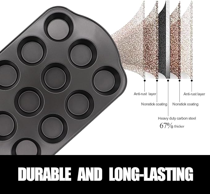 JOHO BAKING 12+24 Muffin Pan Set (2 Pack) - Nonstick Cupcake Tins Dark Gray | Heavy Duty Carbon Steel, Rustproof, Oven Safe Baking Gift