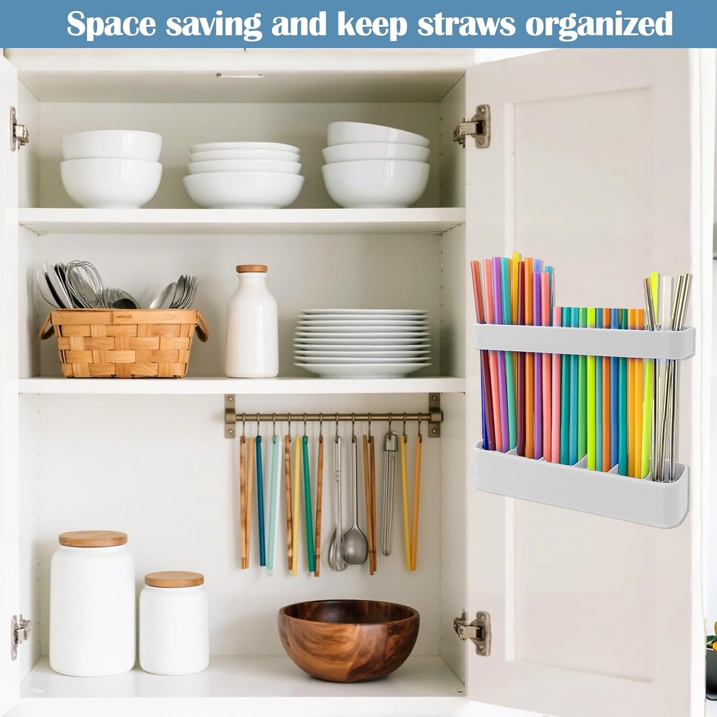 Juome Straw Holder for Cabinet, Silicone Straw Organizer with Double Sided Adhesive Tape, Reusable Tumbler Straws Storage Dispenser for Kitchen Counter Cupboard Door (White)