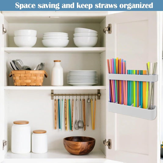 Juome Straw Holder for Cabinet, Silicone Straw Organizer with Double Sided Adhesive Tape, Reusable Tumbler Straws Storage Dispenser for Kitchen Counter Cupboard Door (White)