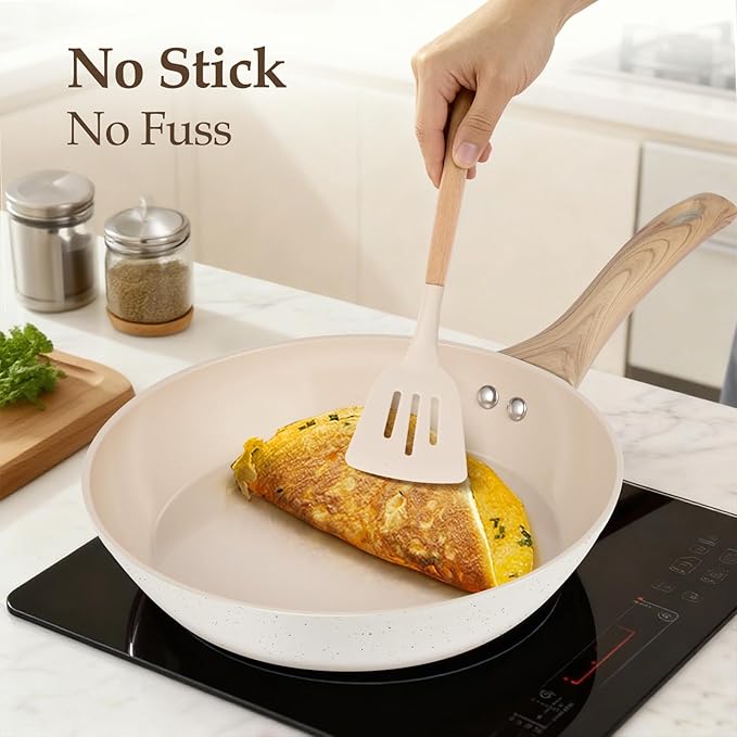 Pots and Pans Set Non Stick, Non-Toxic Ceramic Cookware Set, 11pcs Induction Cookware, Kitchen Cooking Set with Frying Pans, Saucepan, Stock Pot, PFOA Free & PFOS Free, Cream Color