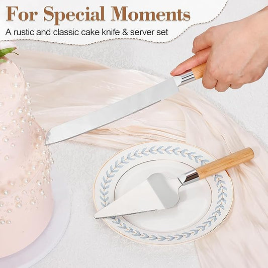 Cake Cutting Set for Wedding, Wood Cake Knife and Server Set, Vintage 2-Piece Pie Cutter Serving Set, Serrated Pizza Dessert Utensils, Bridal Anniversary Birthday Quinceañera Gift