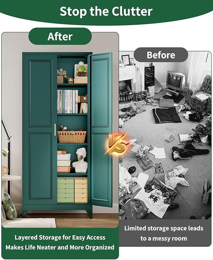 Metal Storage Cabinet with 2 Magnetic Doors and 4 Adjustable Shelves, 74.8" Tall Pantry Garage Cabinets, Modern Tool Storage Cabinet for Home Office, Kitchen, Living Room
