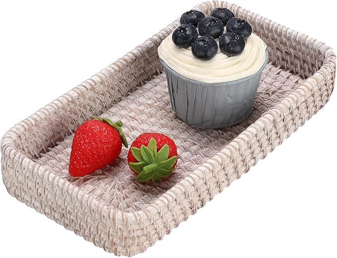 Hipiwe Rattan Key Tray Handwoven Wicker Baskets for Entryway Table Vanity Decorative Serving Tray for Candy Rectangular Fruit Basket, Whitewash