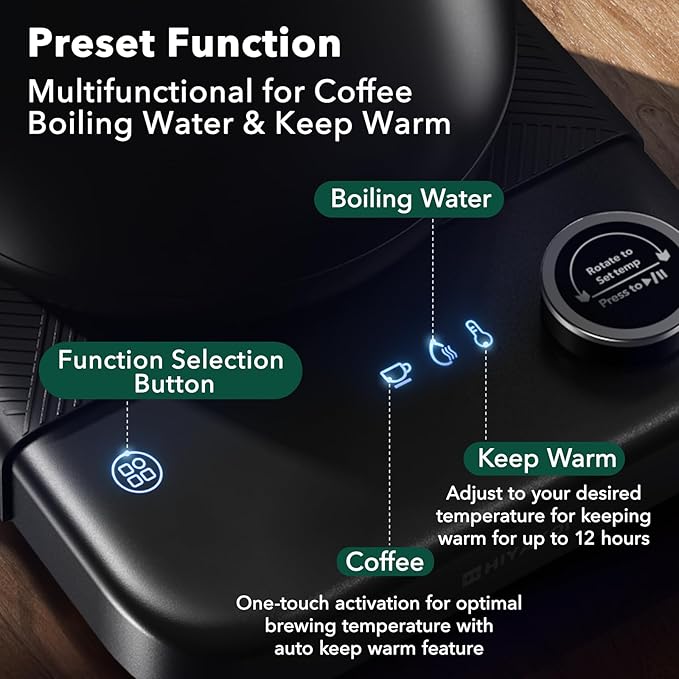 HIYAKOI Gooseneck Electric Kettle with ±1℉ Temperature Control, Pour Over Kettle for Coffee & Tea, 1200W Rapid Heating, Stainless Steel Water Boiler with 12H Keep Warm & Built-in Timer, 0.8L/27oz