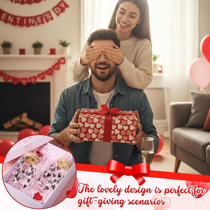 Sliner 2 Pcs Heart Glass Cups Valentines Galentines Day Tumbler with Lid Straw 16 oz Iced Coffee Cup Drinking Glasses Cute Beer Can Tumbler Holiday Gifts for Home Office Decorations