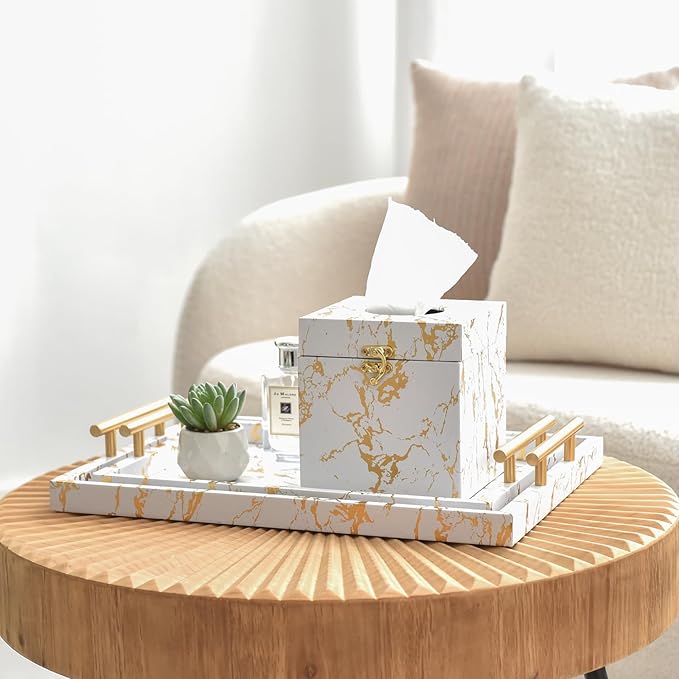 Modern Decorative Tray Set of 2 - White and Gold Marble Wood Serving Tray with Gold Polished Metal Handles for Ottoman, Coffee Table, Bathroom and More