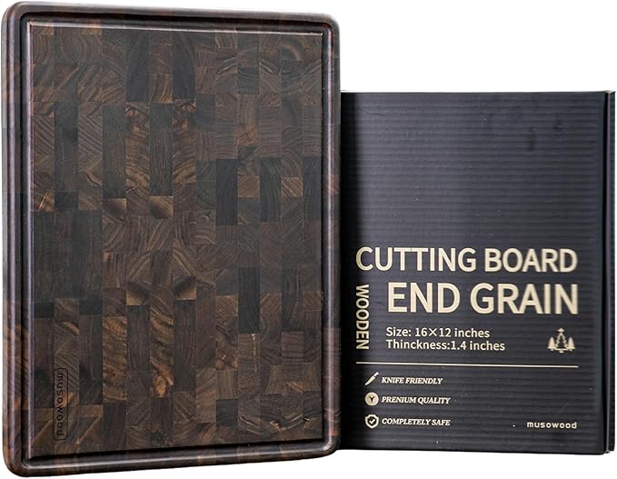 Muso Wood Large End Grain Cutting Borad 16x12 In, Checkered Cutting Board with Feet, Made from Walnut Wood, Chopping Board For Kitchen with Juice Groove Handles
