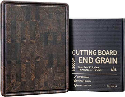 Muso Wood Large End Grain Cutting Borad 16x12 In, Checkered Cutting Board with Feet, Made from Walnut Wood, Chopping Board For Kitchen with Juice Groove Handles
