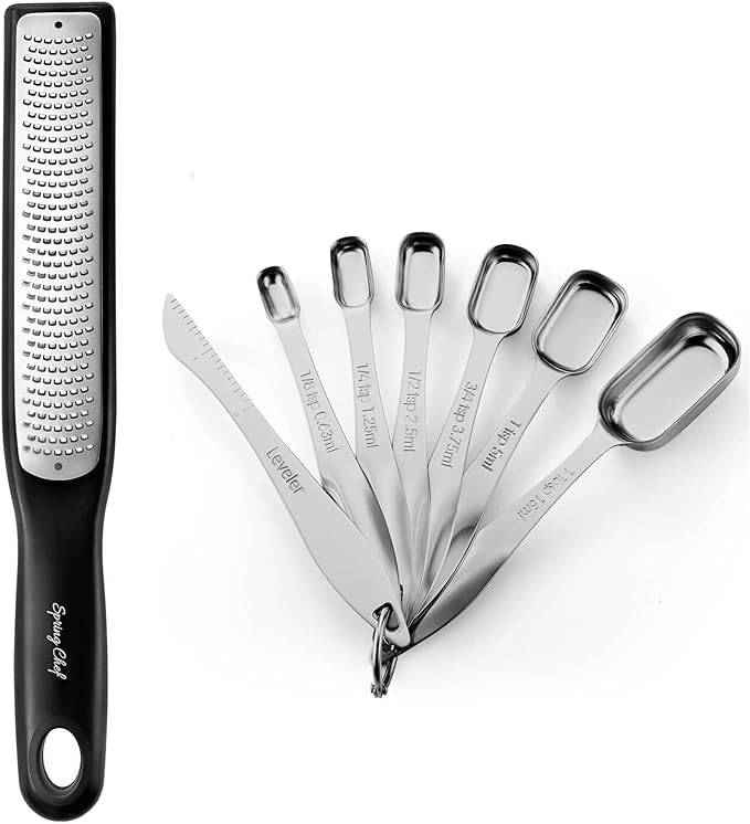 Spring Chef Premium Handheld Zester/Fine Grater, Black & Stainless Steel Rectangular Measuring Spoons, Set of 7-2 Product Bundle