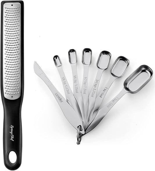 Spring Chef Premium Handheld Zester/Fine Grater, Black & Stainless Steel Rectangular Measuring Spoons, Set of 7-2 Product Bundle