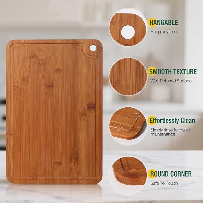 Bamboo Cutting Boards for Kitchen Set of 3, Wooden Cutting Board Non Toxic with Side Handle, HKKZYT Wood Chopping Board with Deep Juice Groove, Knife-Friendly, Kitchen Gift (Dark Color)