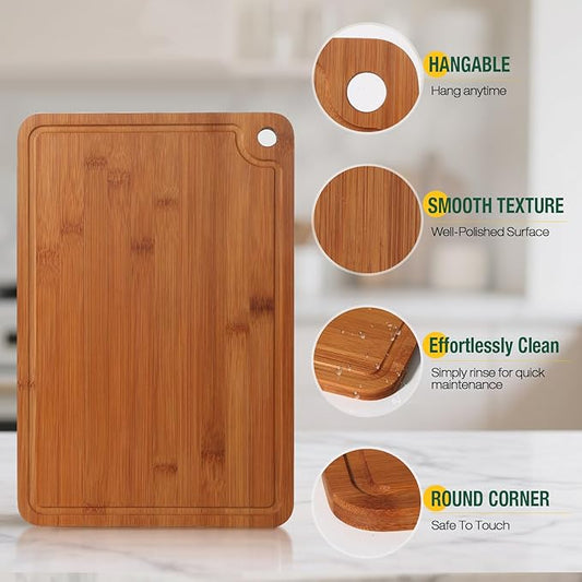 Bamboo Cutting Boards for Kitchen Set of 3, Wooden Cutting Board Non Toxic with Side Handle, HKKZYT Wood Chopping Board with Deep Juice Groove, Knife-Friendly, Kitchen Gift (Dark Color)