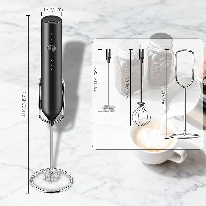 BZPP Kitchen Milk Frother Handheld with Stand, 3 Speeds Adjustable Mixer Electric Handheld Frother Wand, Hand Mixer Matcha Whisk Coffee Stirrers for Matcha, Hot Chocolate, Egg, Lattes - Black